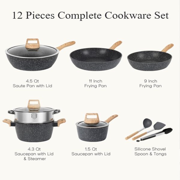 12 Pcs Pots and Pans Set, Nonstick Cookware Sets Black Granite Induction Cookware, Non-toxic Healthy Non Stick Kitchen Cooking Set with Frying Pans Set, Saucepans,Steamer (PFAS, PFOA, PFOS Free) - Image 2