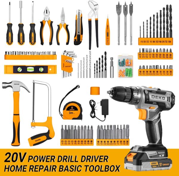 Cordless Drill Tool Kit Set: 20V Power Drill Tool Box with Battery Electric Drill Driver for Men Home Hand Repair Basic Toolbox Tools Sets Drills Case - Image 2