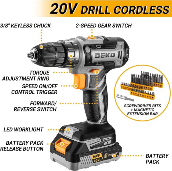 Cordless Drill Tool Kit Set: 20V Power Drill Tool Box with Battery Electric Drill Driver for Men Home Hand Repair Basic Toolbox Tools Sets Drills Case - Image 3