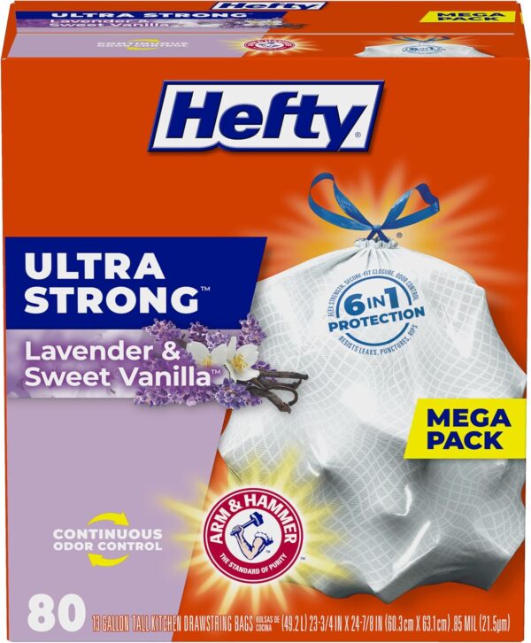 Hefty Ultra Strong 13 Gallon Trash Bags, Tall Kitchen Trash Bags 13 Gallon Size, Drawstring Closure, Continuous Odor Control, White, Lavender and Sweet Vanilla Scent, 80 Bags