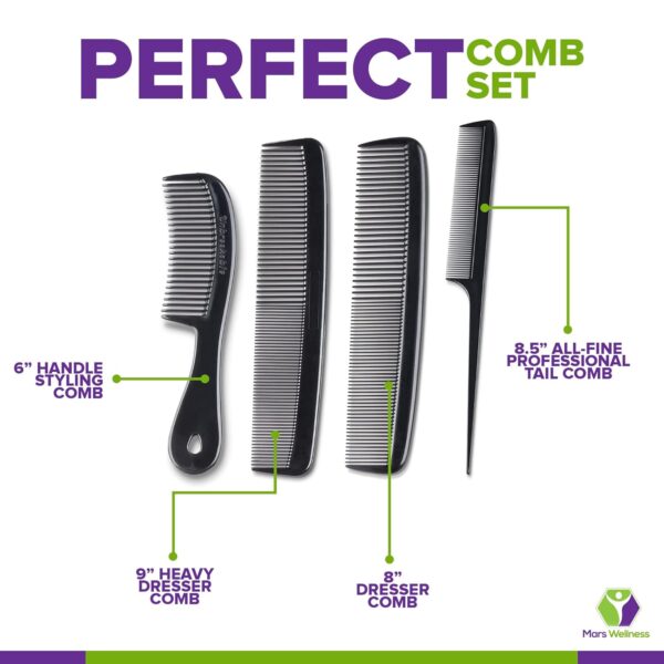 Mars Wellness 4 Piece Professional Comb Set Black - USA MADE - Fine Pro Tail Combs, Dresser Hair Comb Styling Comb - Premium Grade for Men and Women - Parting Teasing and Styling - Image 4