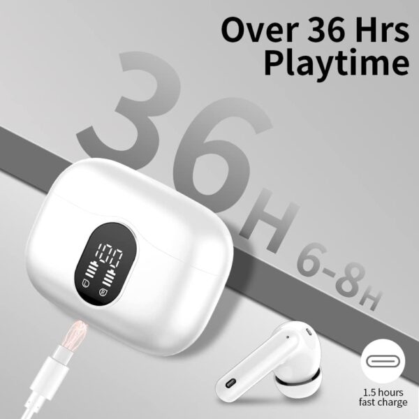 Wireless Earbuds Bluetooth 5.4 Headphones Bass Stereo Ear Buds with Noise Cancelling Mic LED Display in Ear Earphones IP7 Waterproof 36H Playtime for Laptop Pad Phones Sports Workout White - Image 7