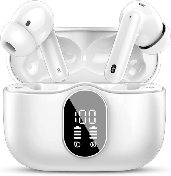 Wireless Earbuds Bluetooth 5.4 Headphones Bass Stereo Ear Buds with Noise Cancelling Mic LED Display in Ear Earphones IP7 Waterproof 36H Playtime for Laptop Pad Phones Sports Workout White